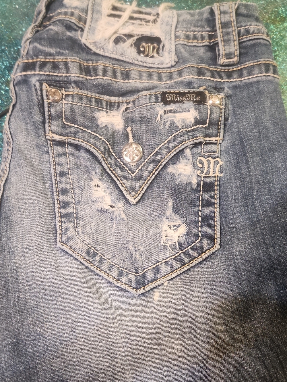 Miss Me Distressed Light Blue Denim Jeans with Embellished Back Pocket